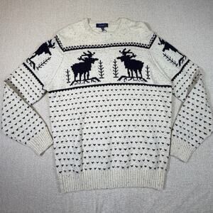 NWT Crown Ivy Men M Cream Blue Knit Western Outdoor Sweater Long Sleeve Winter